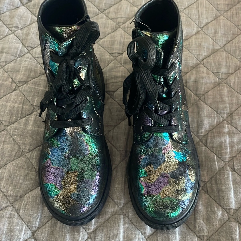 Iridescent lace up boots